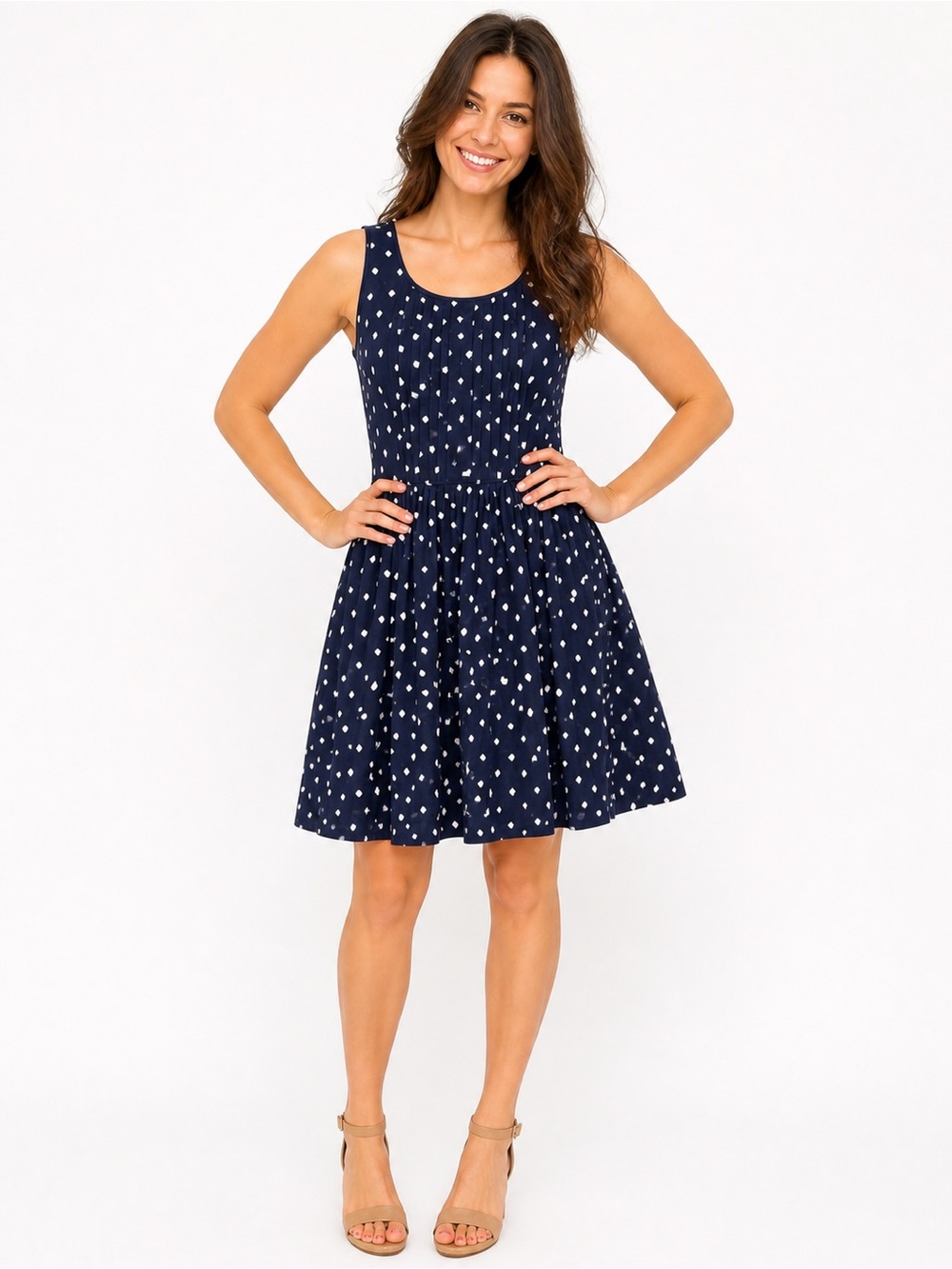 Moulinette Soeurs Anthropologie Polka Dot Fit Flare Dress 10 Navy Cotton Pleated